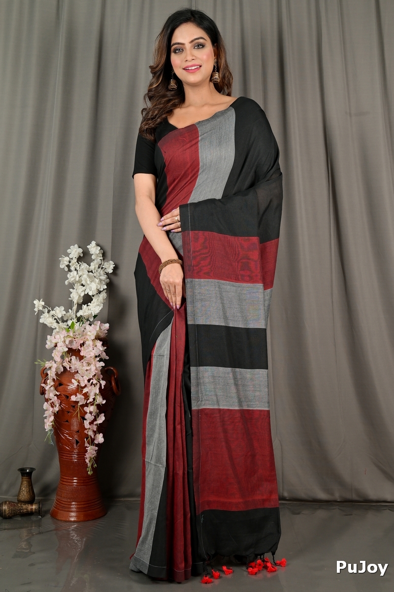 Black Brown Pure Cotton Nator Hand Loom Saree (2087)