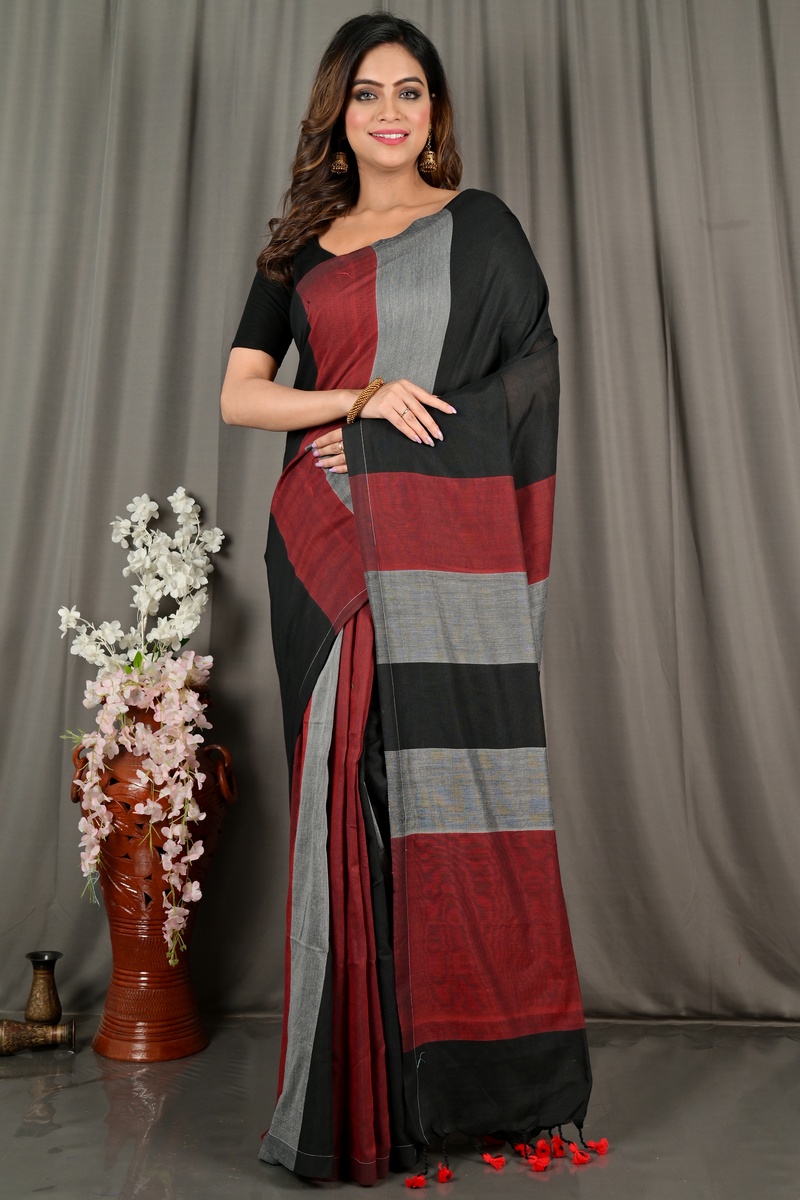Black Brown Pure Cotton Nator Hand Loom Saree (2087)