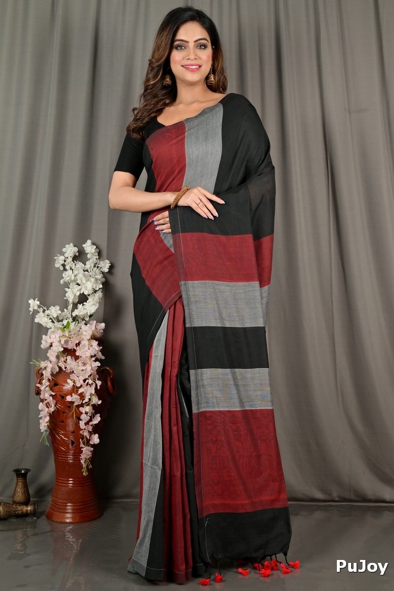 Black Brown Pure Cotton Nator Hand Loom Saree (2087)