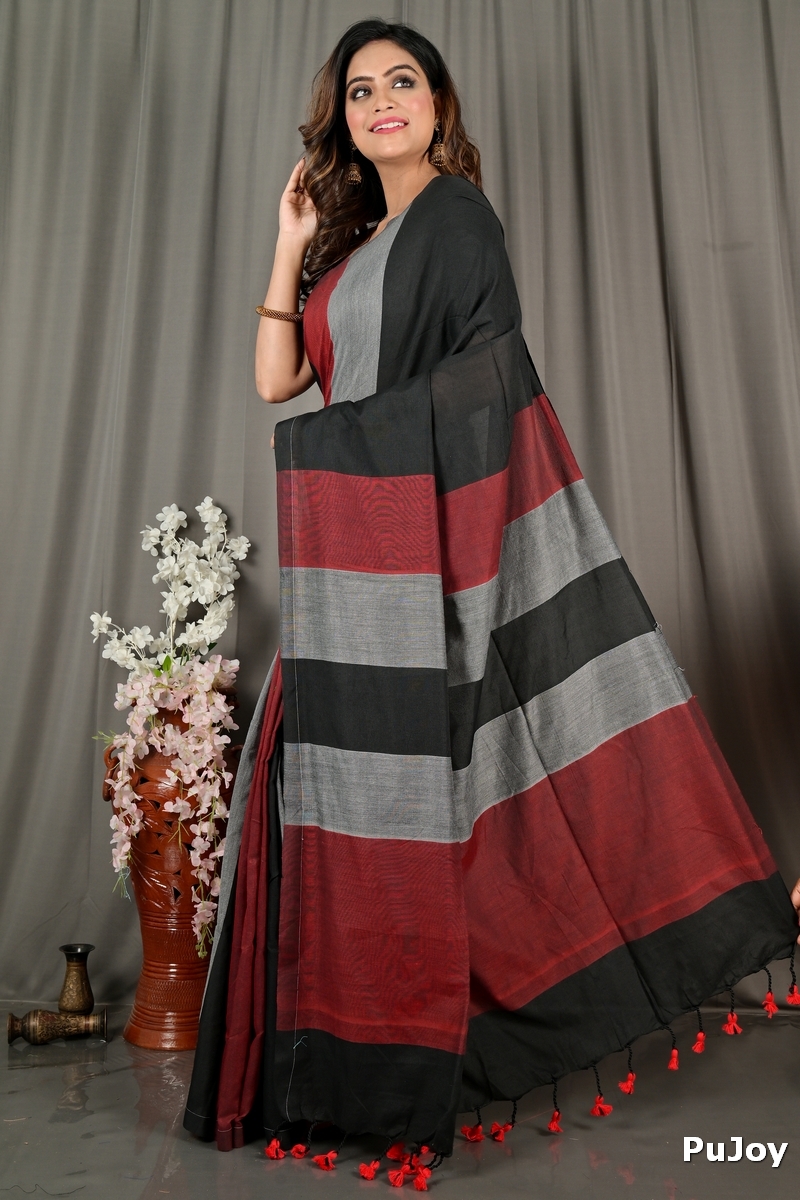 Black Brown Pure Cotton Nator Hand Loom Saree (2087)