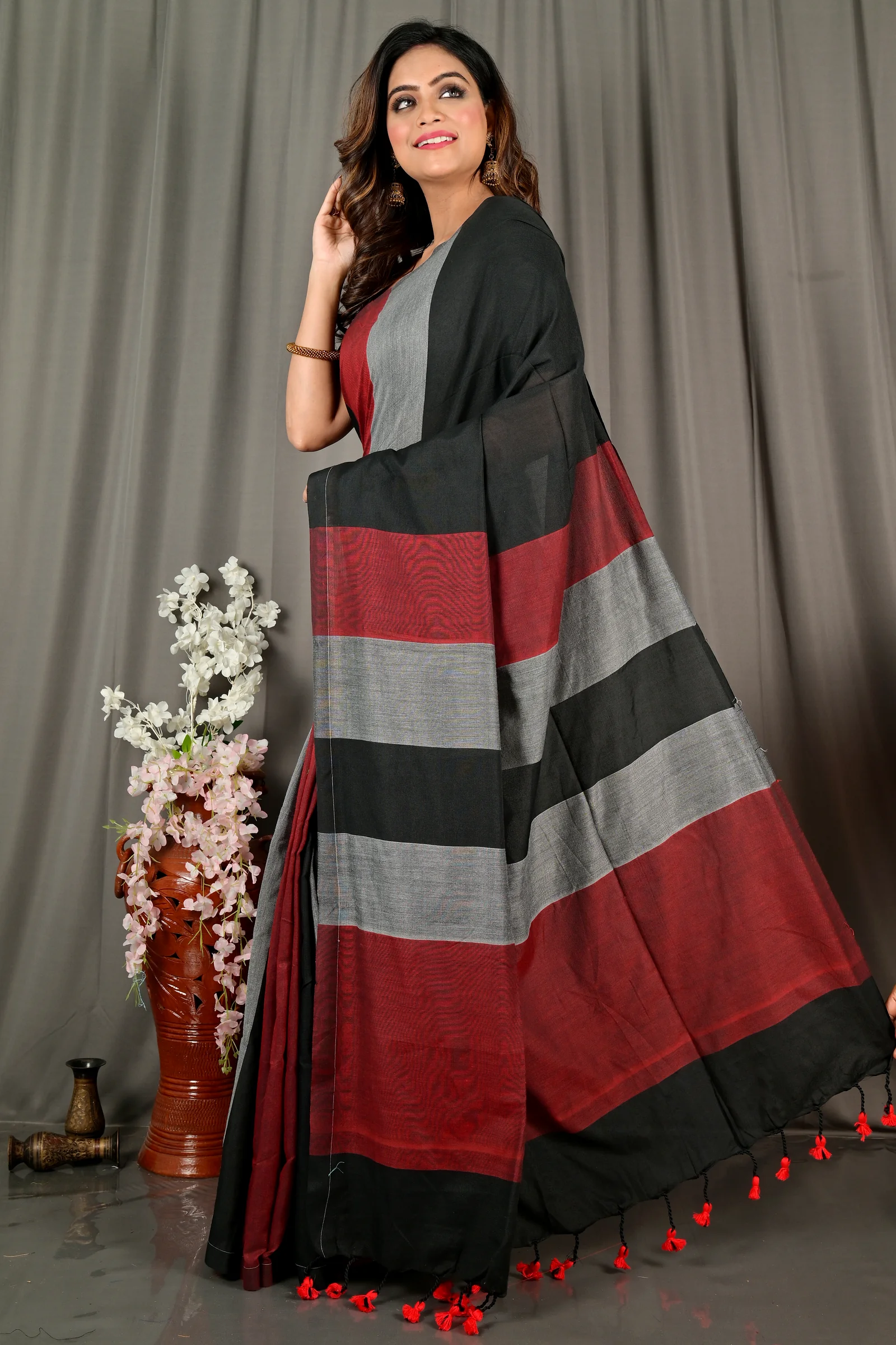 Black Brown Pure Cotton Nator Hand Loom Saree (2087)