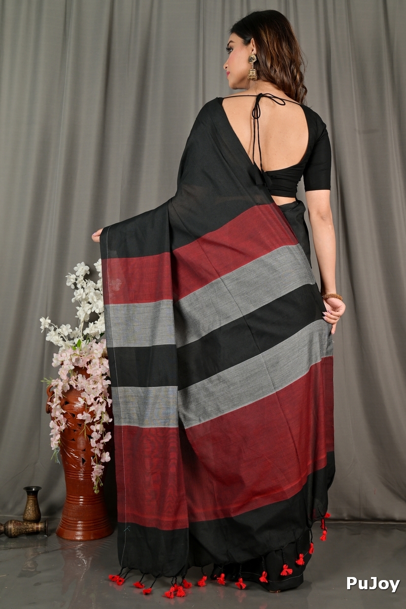 Black Brown Pure Cotton Nator Hand Loom Saree (2087)