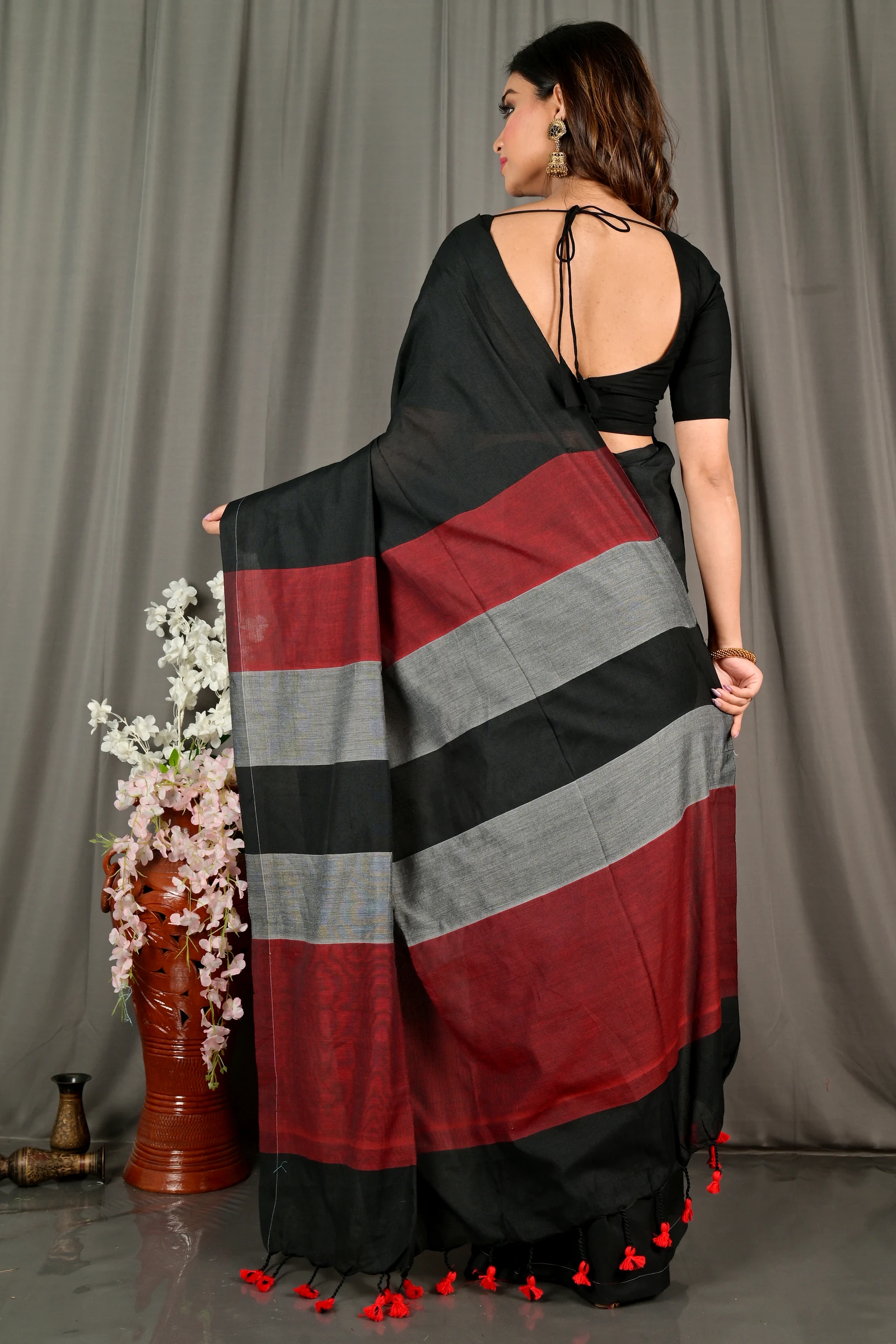 Black Brown Pure Cotton Nator Hand Loom Saree (2087)