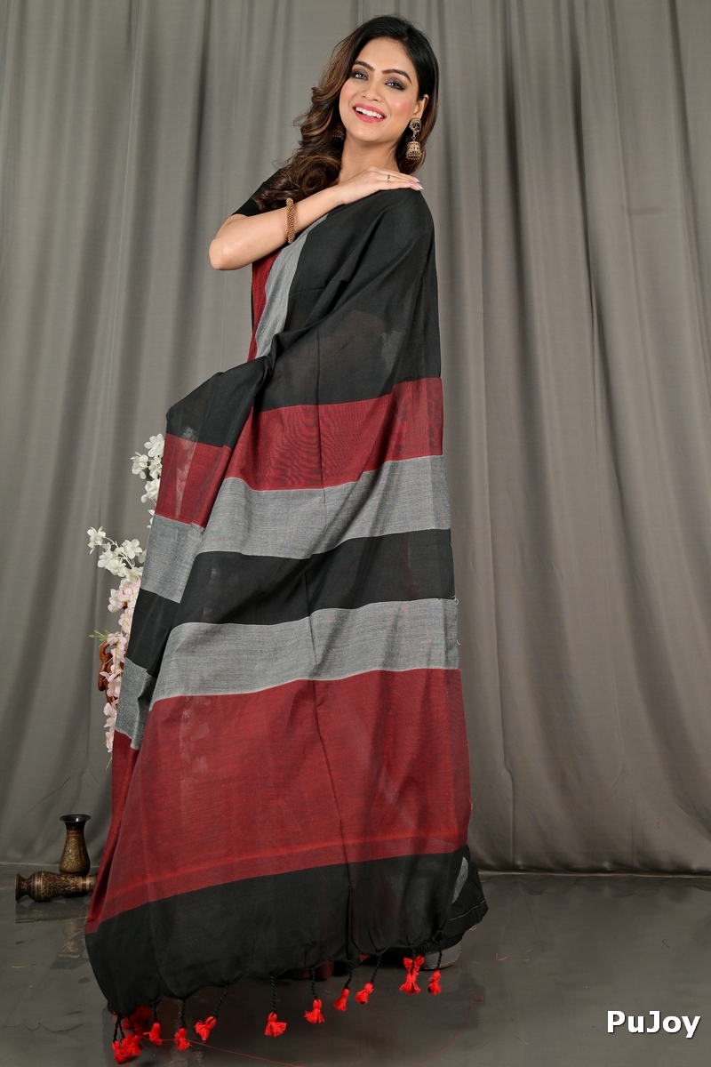 Black Brown Pure Cotton Nator Hand Loom Saree (2087)