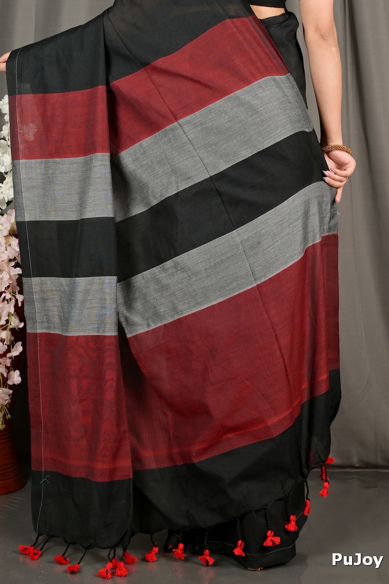 Black Brown Pure Cotton Nator Hand Loom Saree (2087)