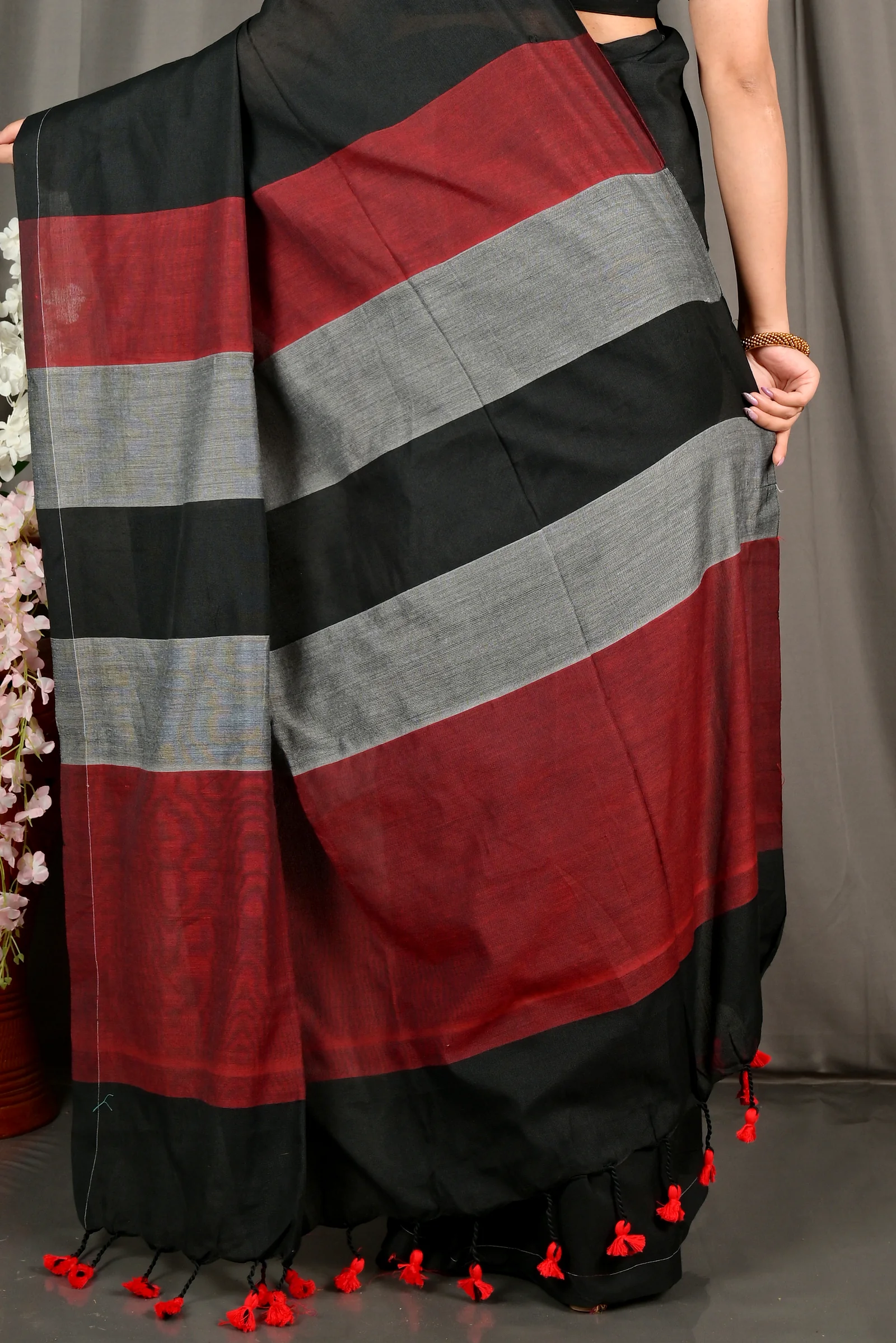 Black Brown Pure Cotton Nator Hand Loom Saree (2087)