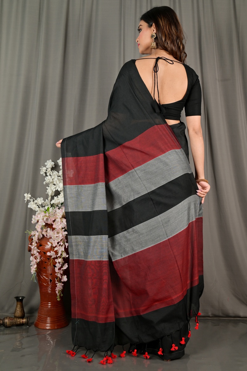 Black Brown Pure Cotton Nator Hand Loom Saree (2087)