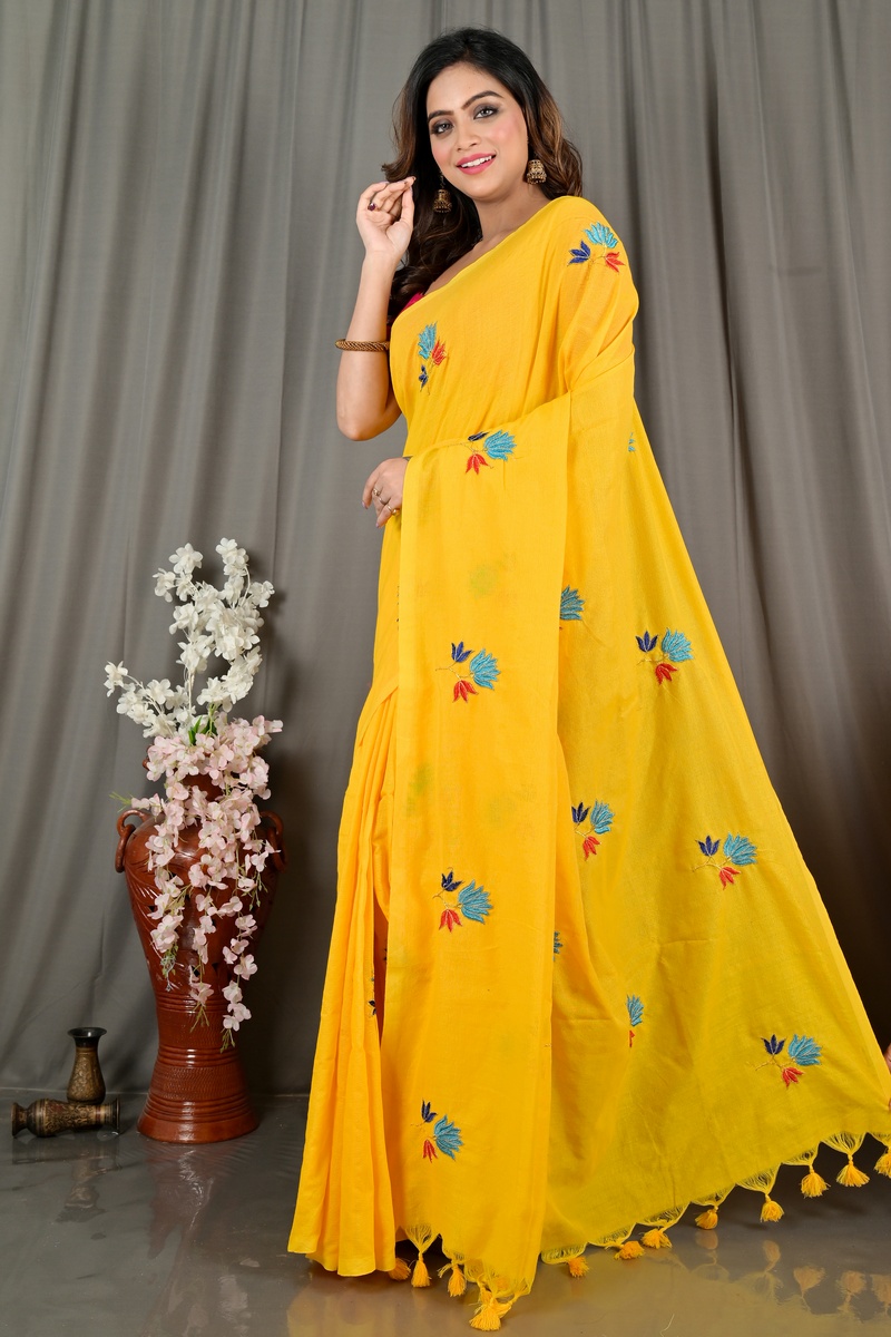 Yellow Pure Cotton Umkor Than Embroidery Handloom saree (2088)