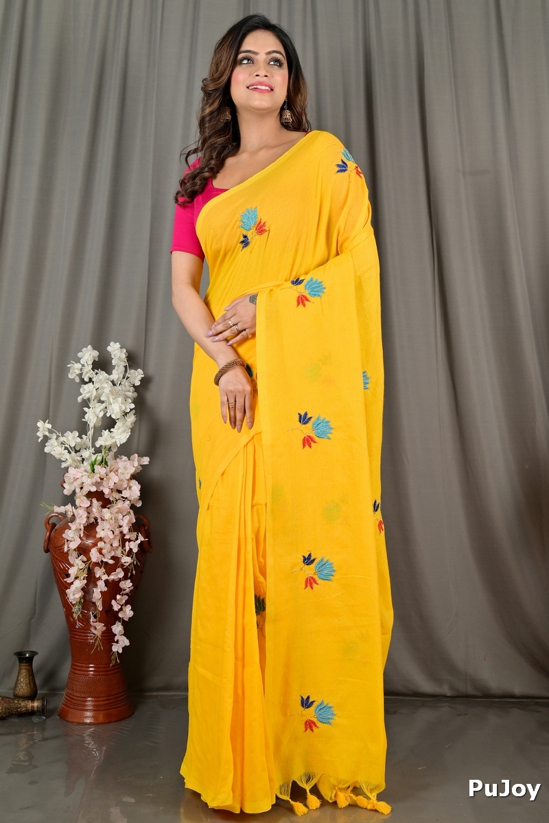 Yellow Pure Cotton Umkor Than Embroidery Handloom saree (2088)