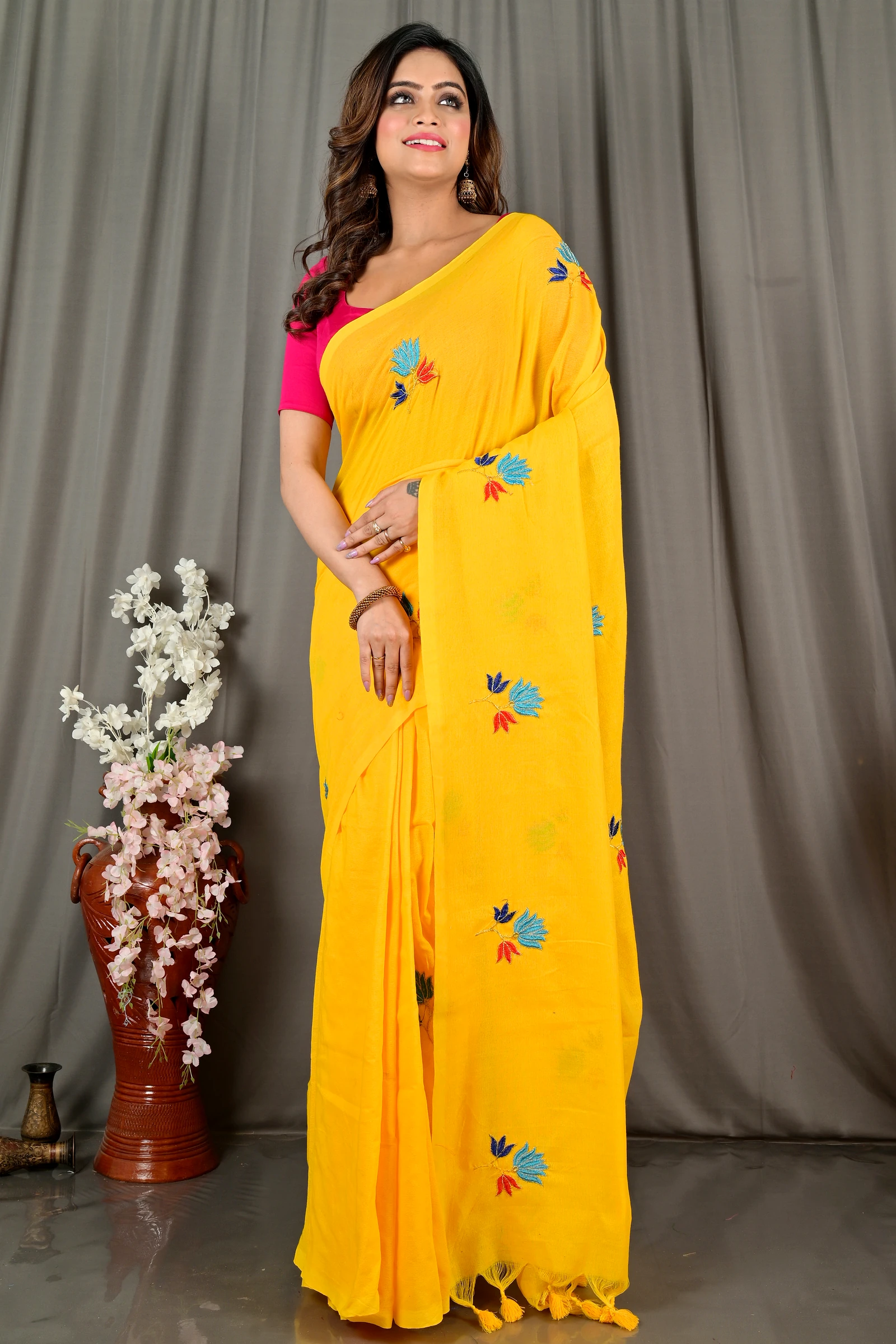 Yellow Pure Cotton Umkor Than Embroidery Handloom saree (2088)