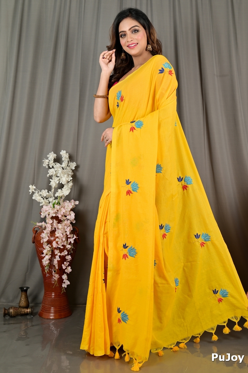 Yellow Pure Cotton Umkor Than Embroidery Handloom saree (2088)