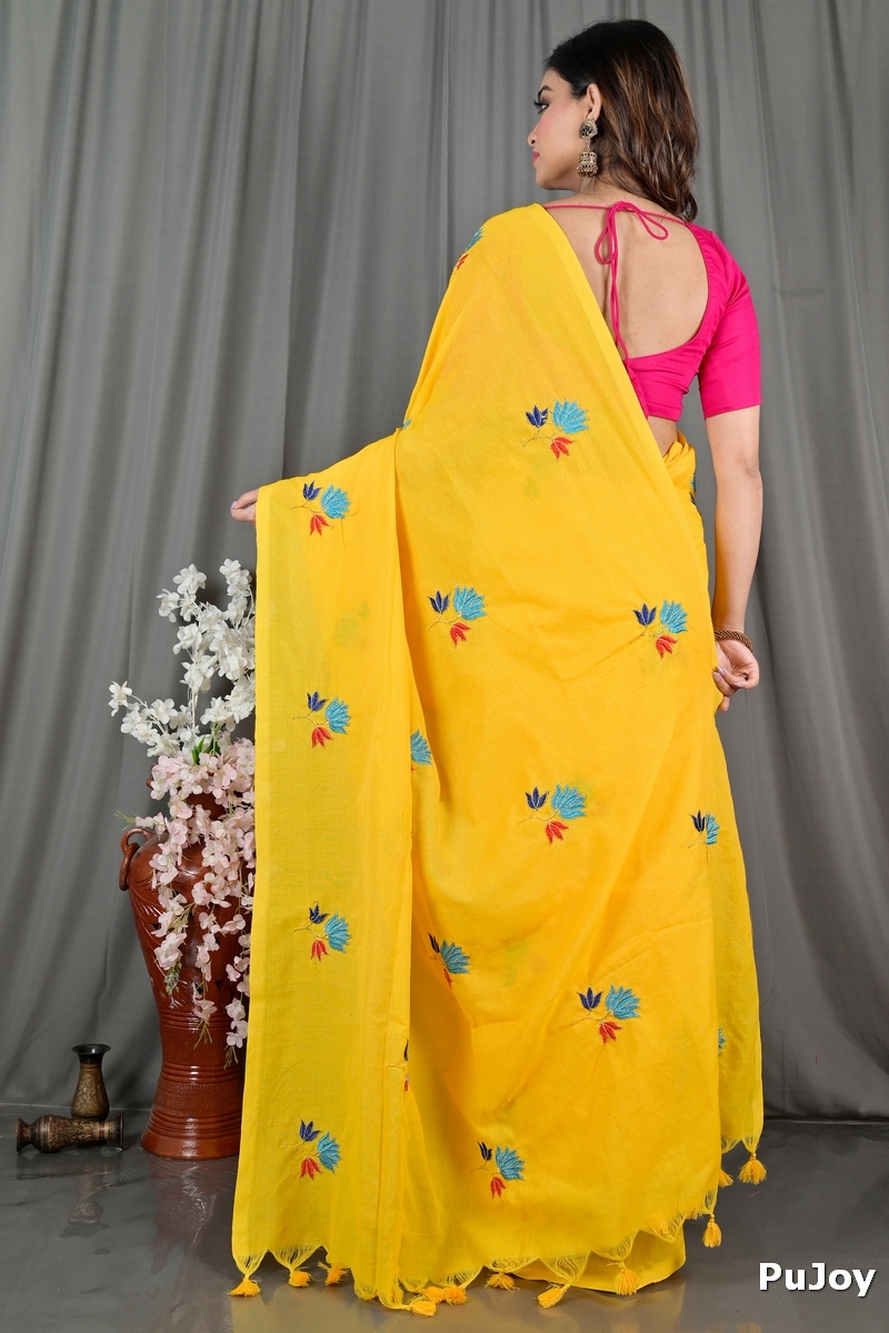 Yellow Pure Cotton Umkor Than Embroidery Handloom saree (2088)