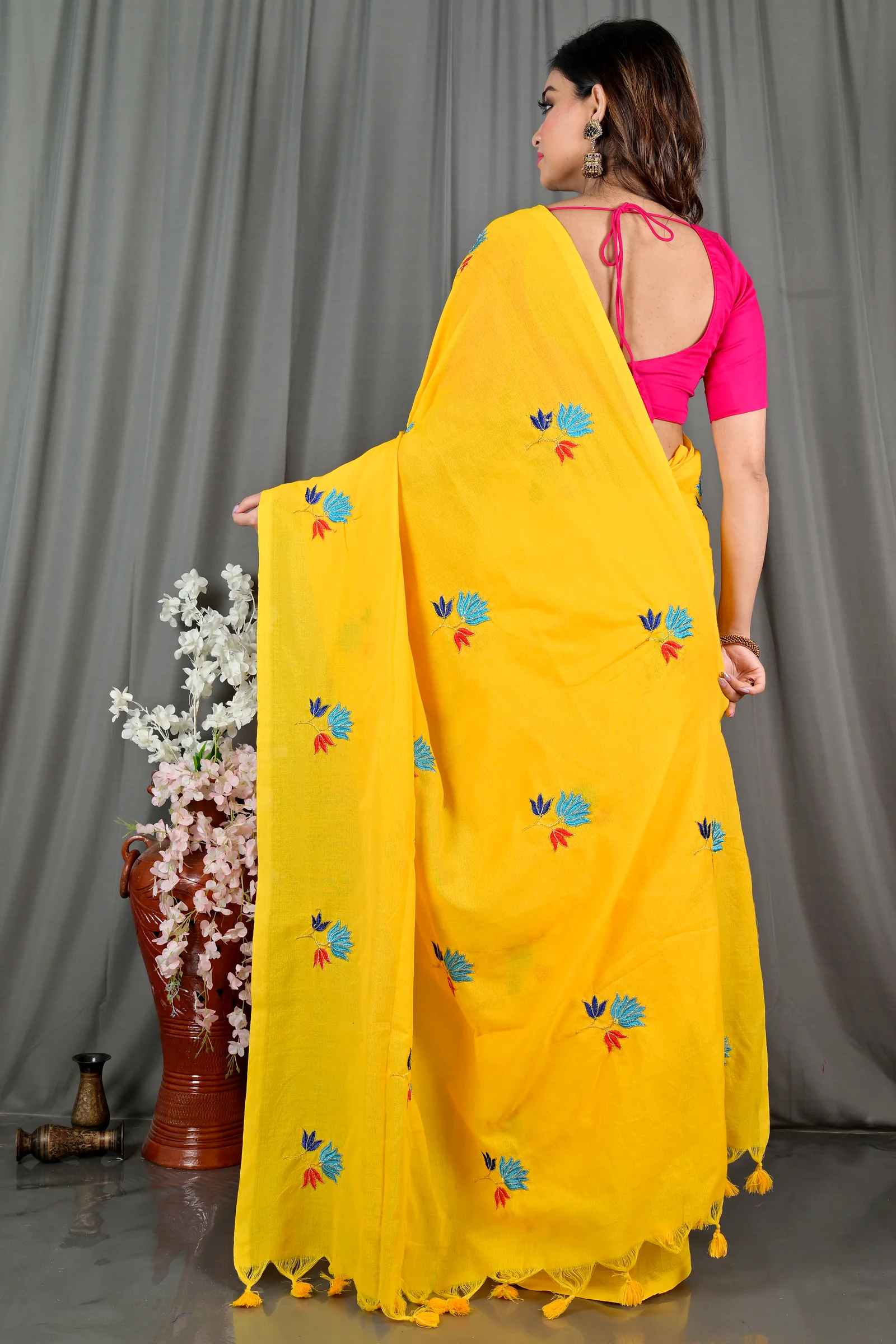 Yellow Pure Cotton Umkor Than Embroidery Handloom saree (2088)