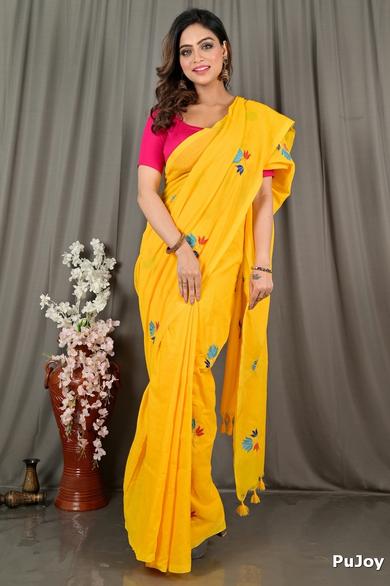 Yellow Pure Cotton Umkor Than Embroidery Handloom saree (2088)