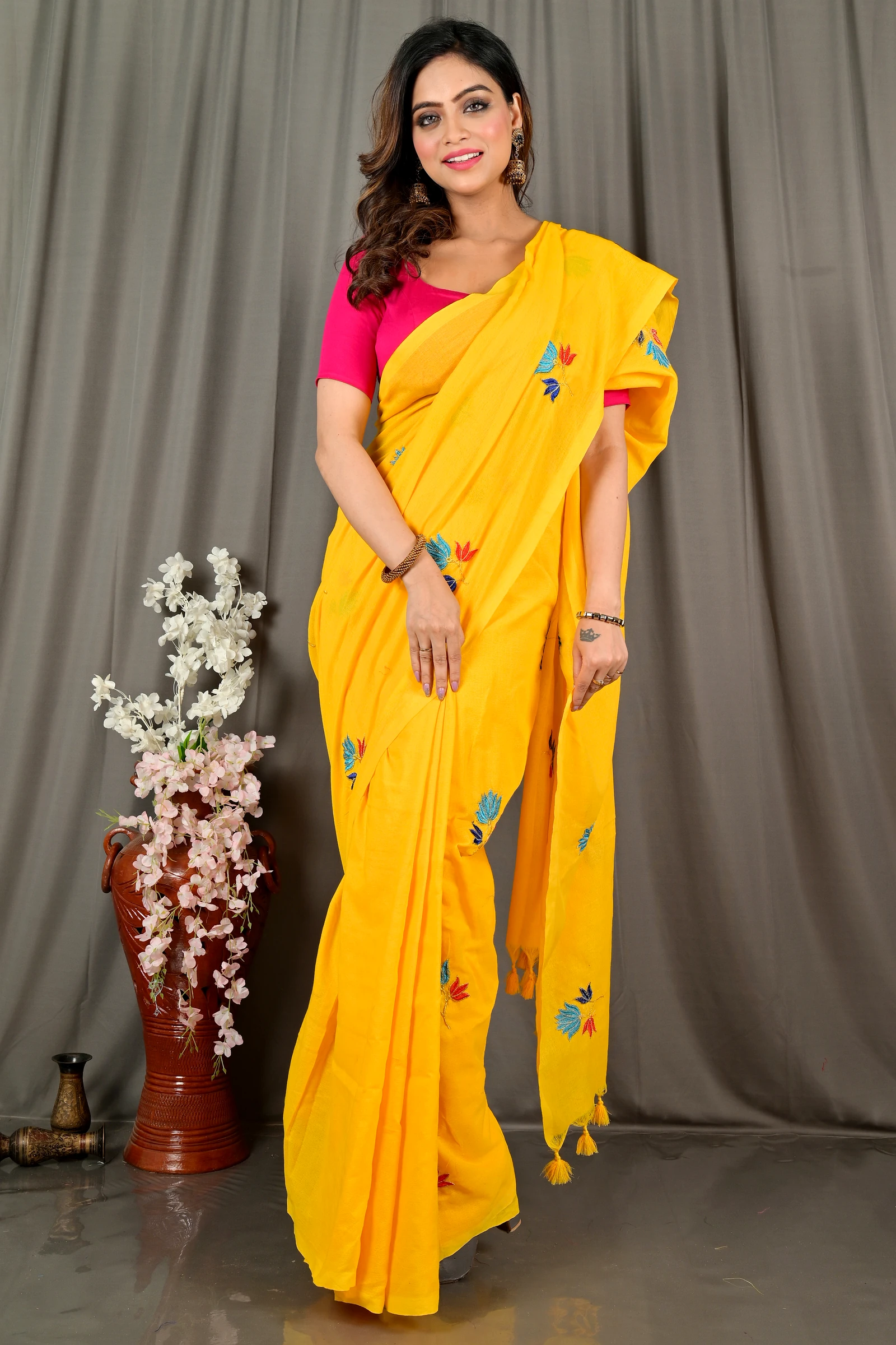 Yellow Pure Cotton Umkor Than Embroidery Handloom saree (2088)
