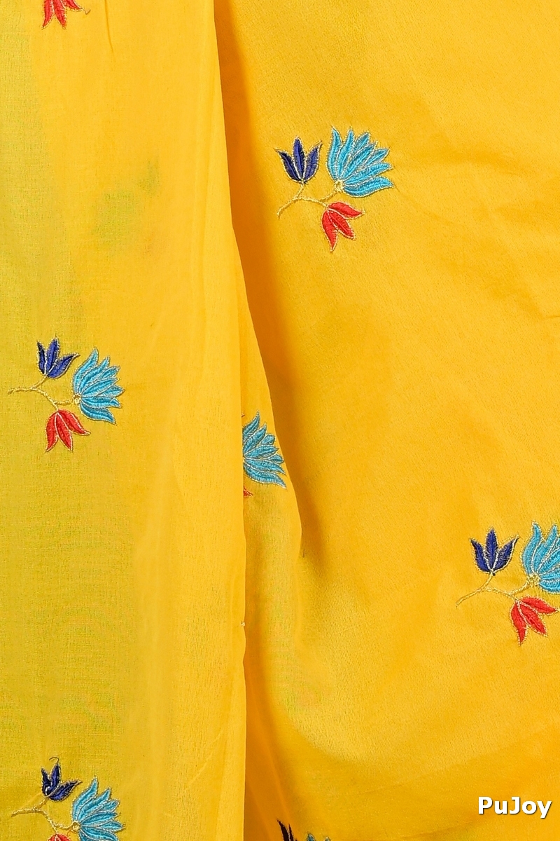 Yellow Pure Cotton Umkor Than Embroidery Handloom saree (2088)