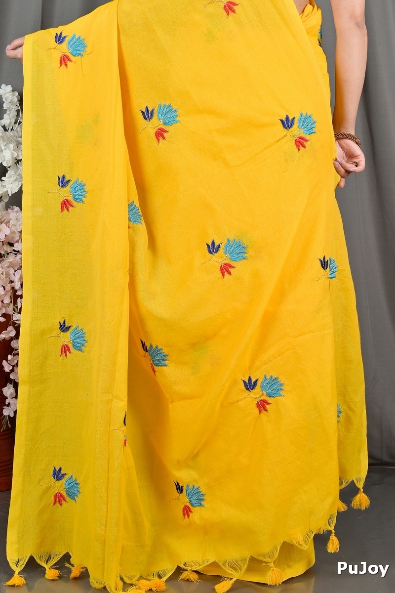 Yellow Pure Cotton Umkor Than Embroidery Handloom saree (2088)