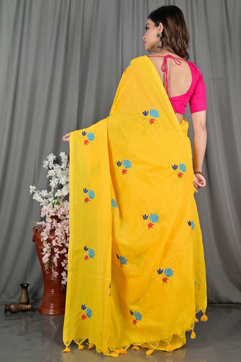 Yellow Pure Cotton Umkor Than Embroidery Handloom saree (2088)