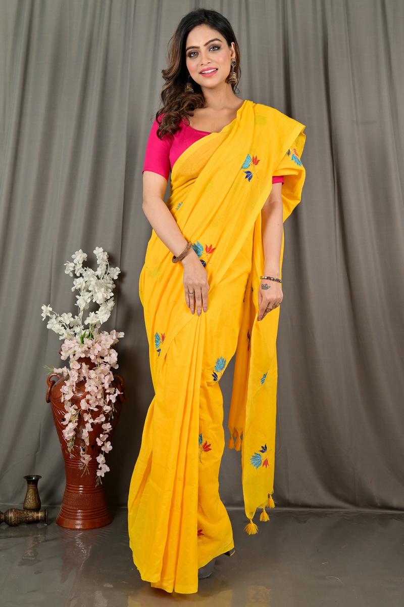 Yellow Pure Cotton Umkor Than Embroidery Handloom saree (2088)