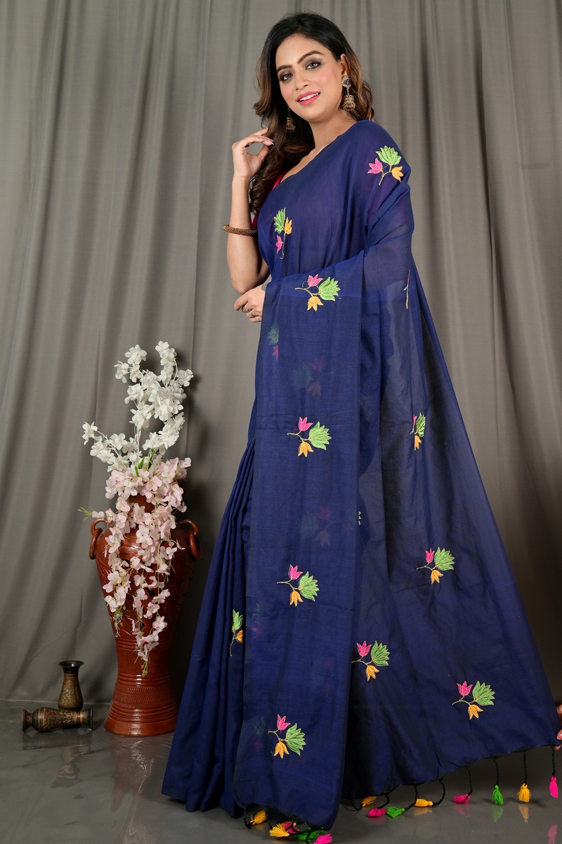 Naby Blue Pure Cotton Umkor Than Embroidery Handloom saree (2089)