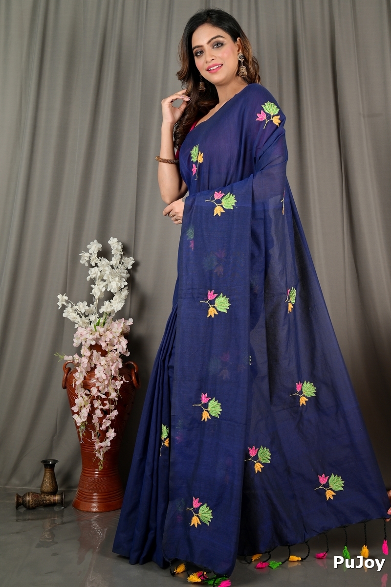 Naby Blue Pure Cotton Umkor Than Embroidery Handloom saree (2089)