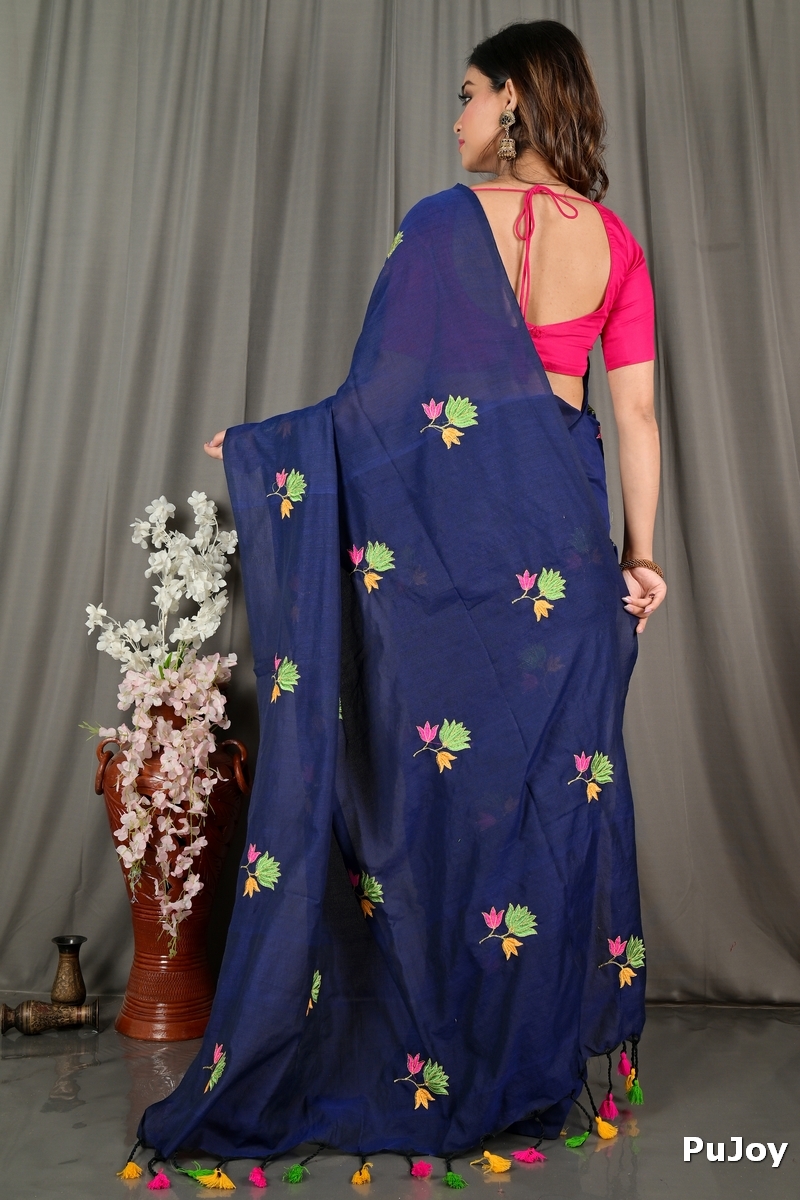 Naby Blue Pure Cotton Umkor Than Embroidery Handloom saree (2089)