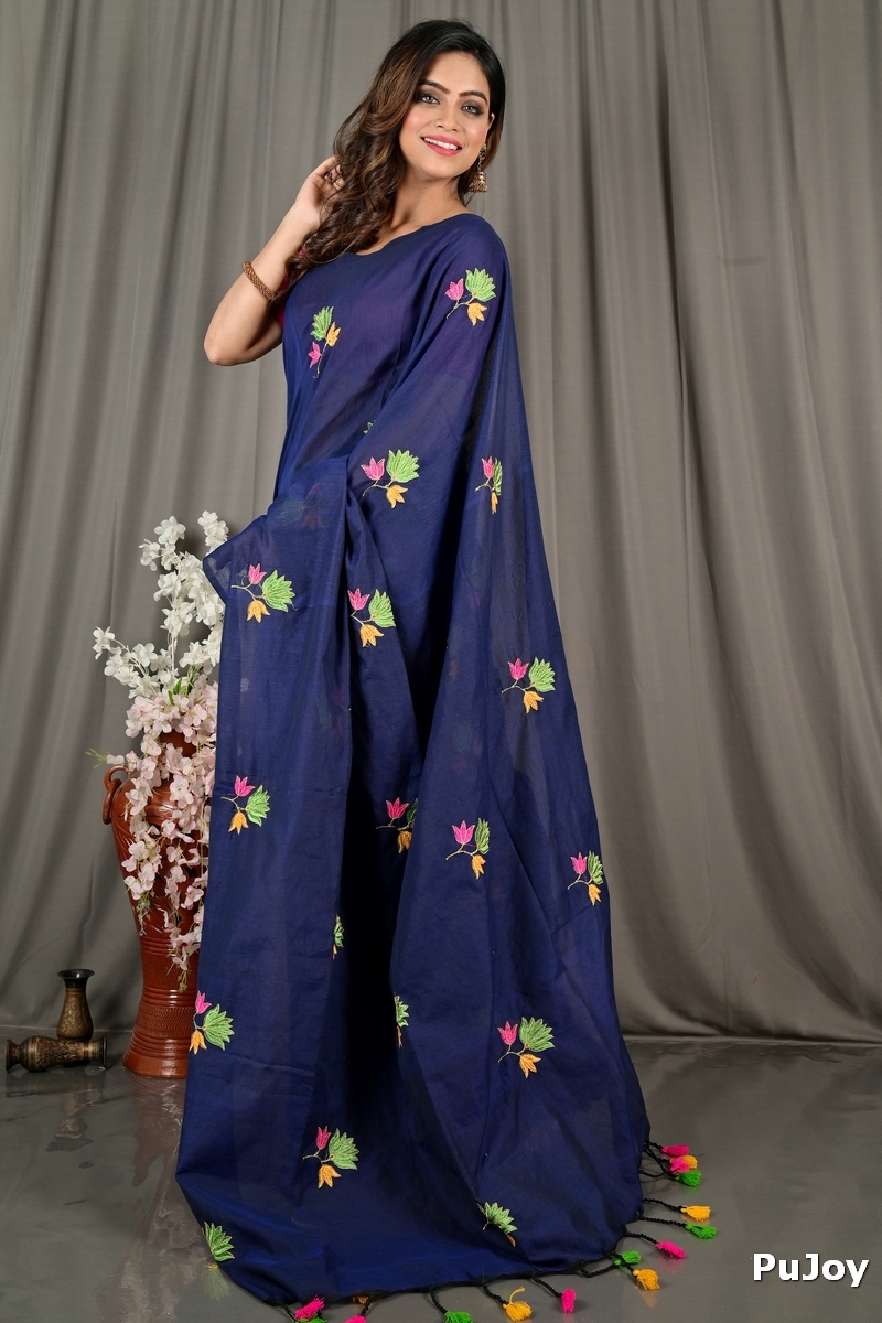 Naby Blue Pure Cotton Umkor Than Embroidery Handloom saree (2089)