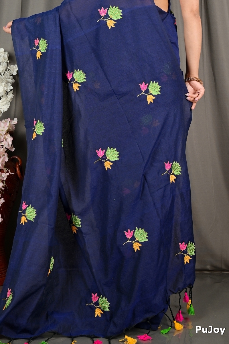 Naby Blue Pure Cotton Umkor Than Embroidery Handloom saree (2089)
