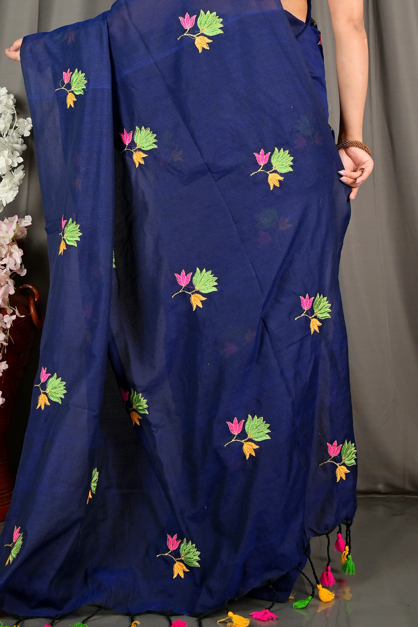 Naby Blue Pure Cotton Umkor Than Embroidery Handloom saree (2089)