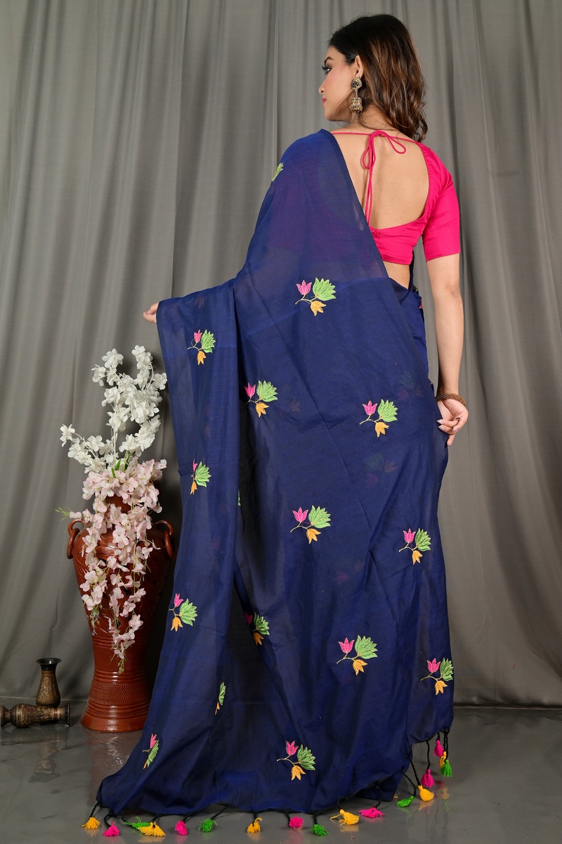Naby Blue Pure Cotton Umkor Than Embroidery Handloom saree (2089)