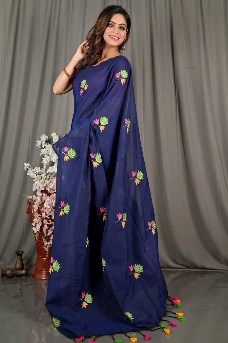 Naby Blue Pure Cotton Umkor Than Embroidery Handloom saree (2089)