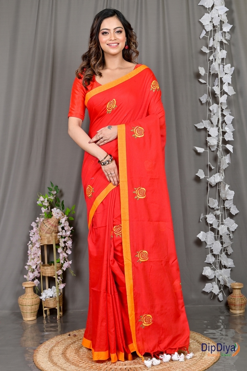 Red Pure Cotton Parag Embroidery Handloom saree (209)