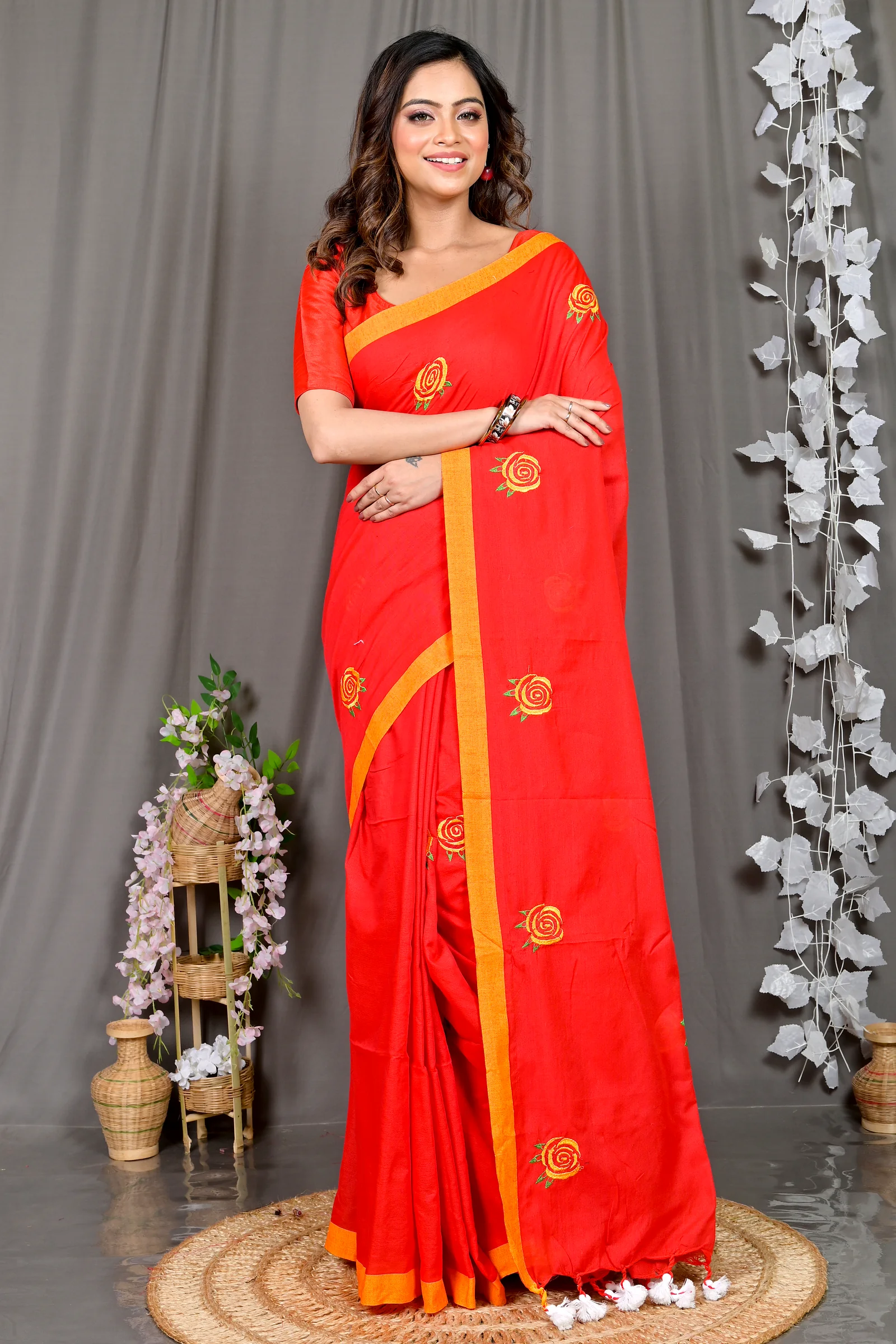 Red Pure Cotton Parag Embroidery Handloom saree (209)
