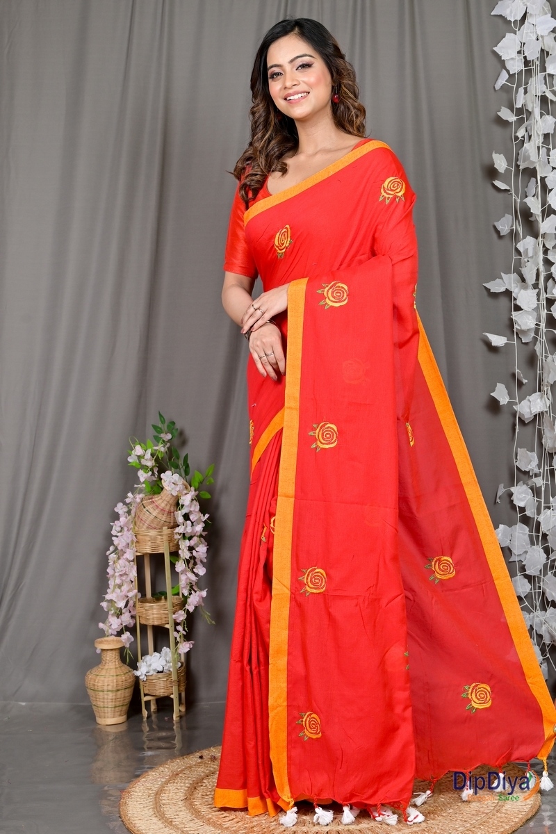 Red Pure Cotton Parag Embroidery Handloom saree (209)