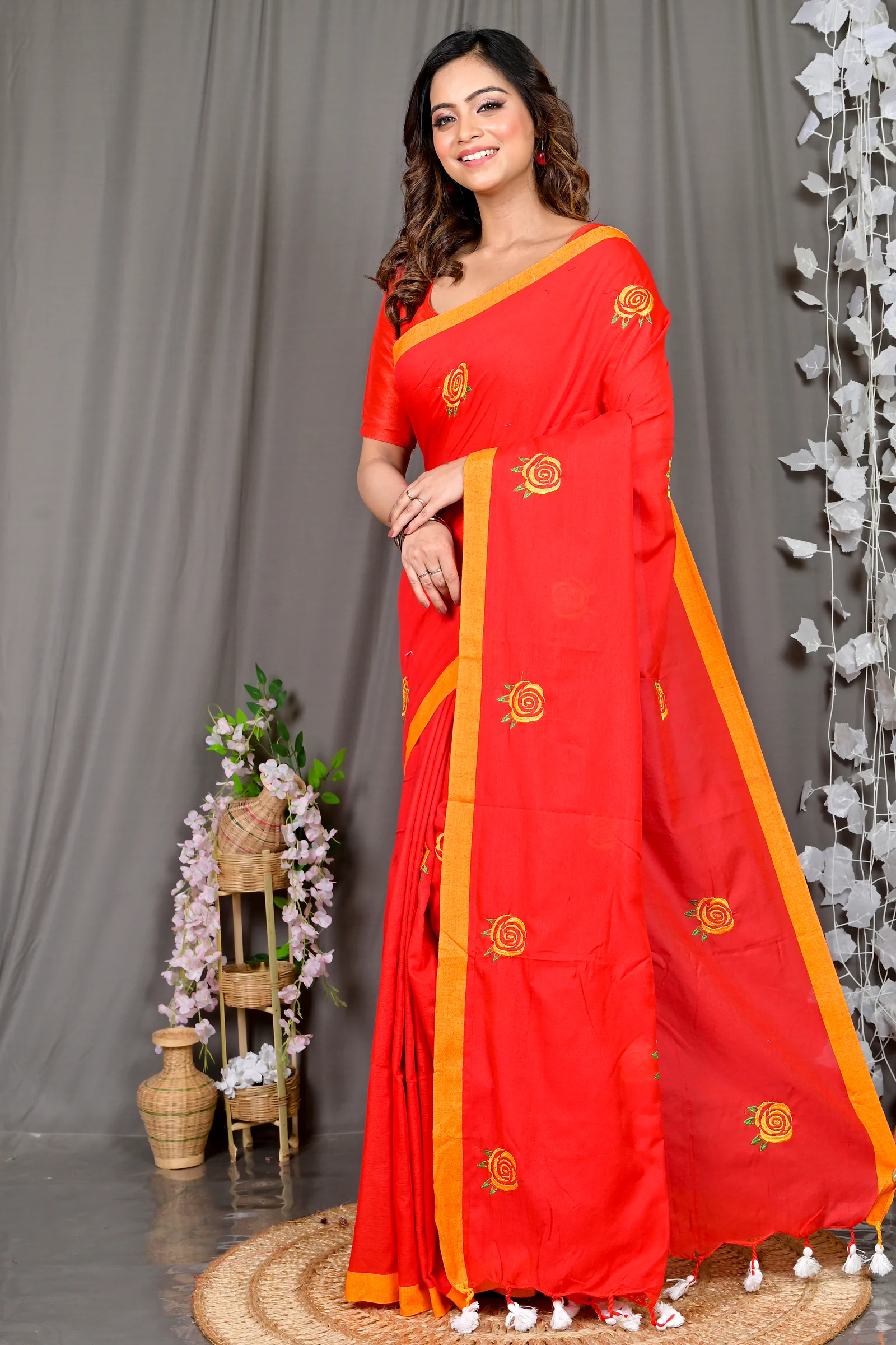 Red Pure Cotton Parag Embroidery Handloom saree (209)