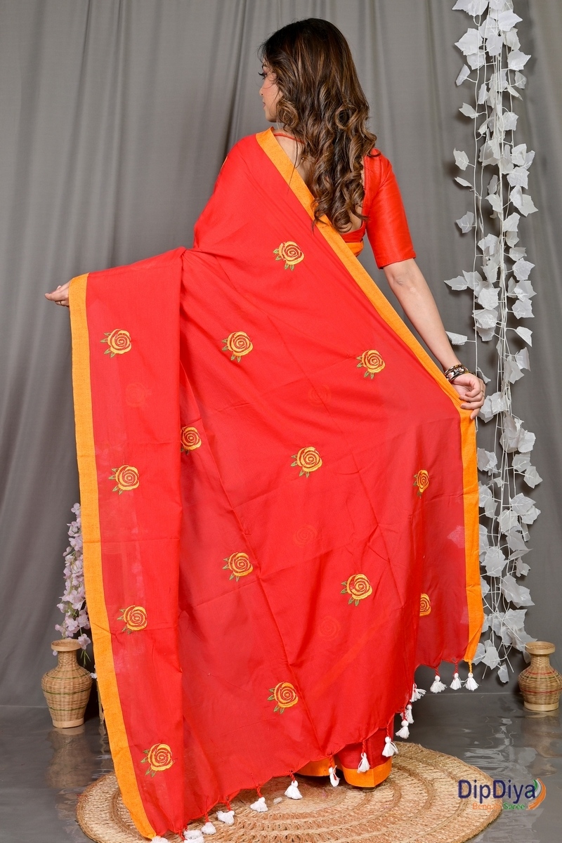 Red Pure Cotton Parag Embroidery Handloom saree (209)