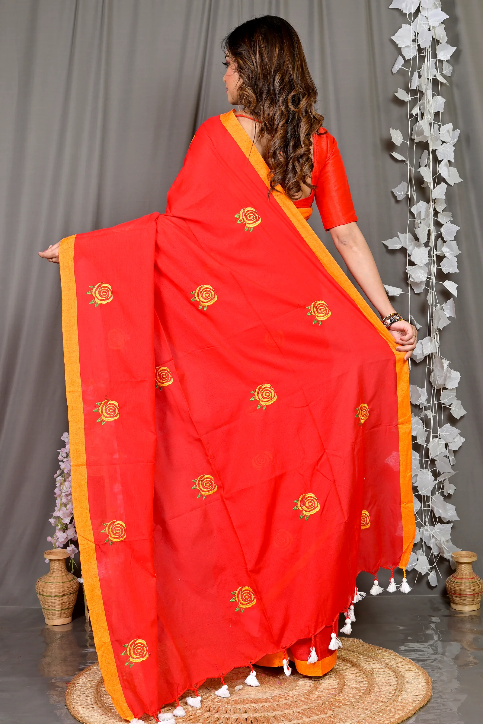 Red Pure Cotton Parag Embroidery Handloom saree (209)