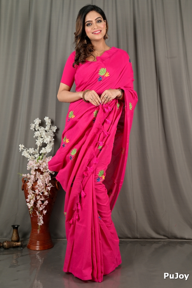 Pink Pure Cotton Umkor Than Embroidery Handloom saree (2090)