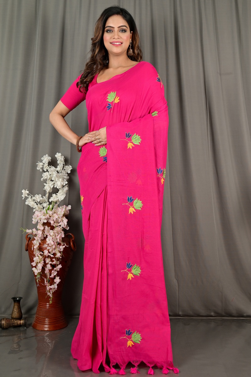 Pink Pure Cotton Umkor Than Embroidery Handloom saree (2090)