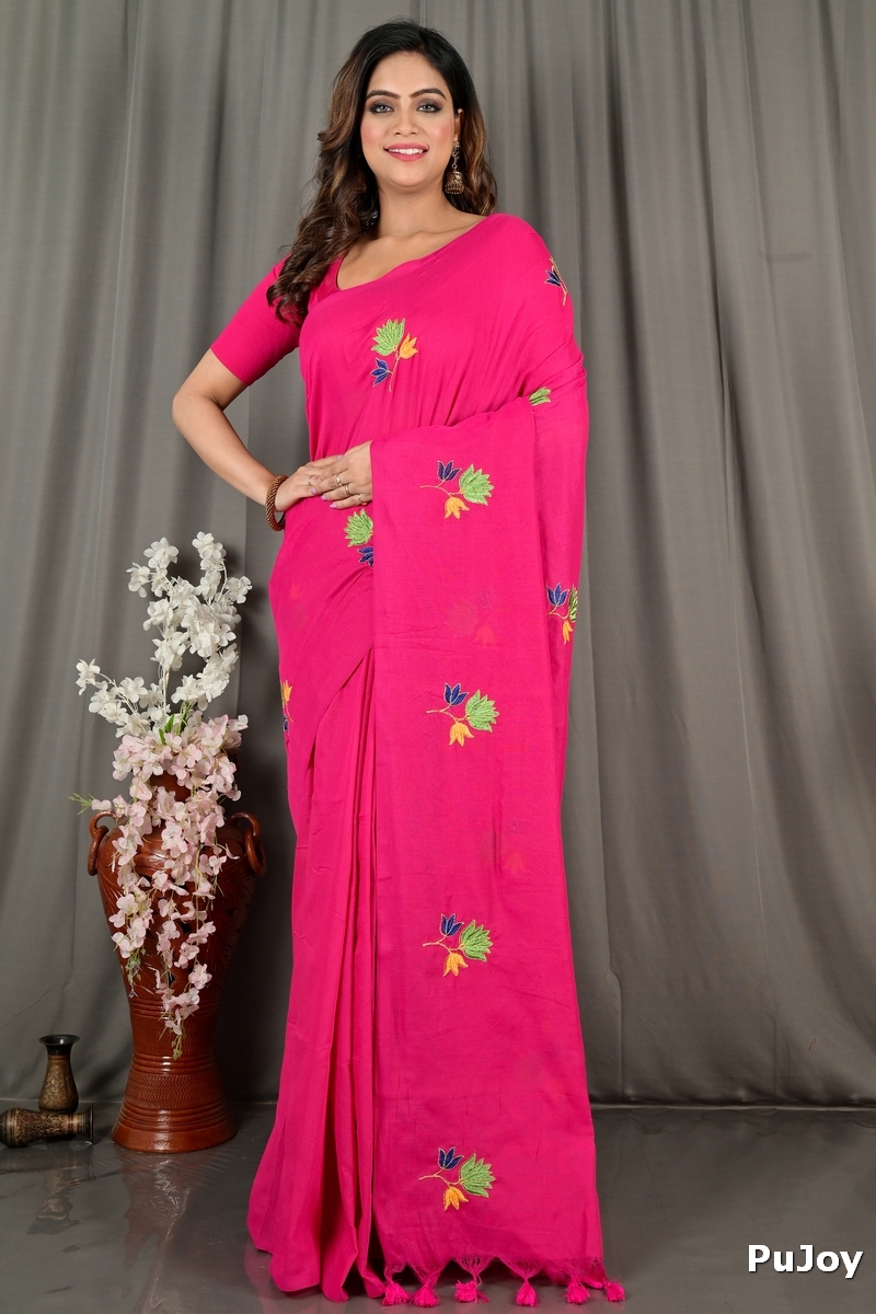 Pink Pure Cotton Umkor Than Embroidery Handloom saree (2090)