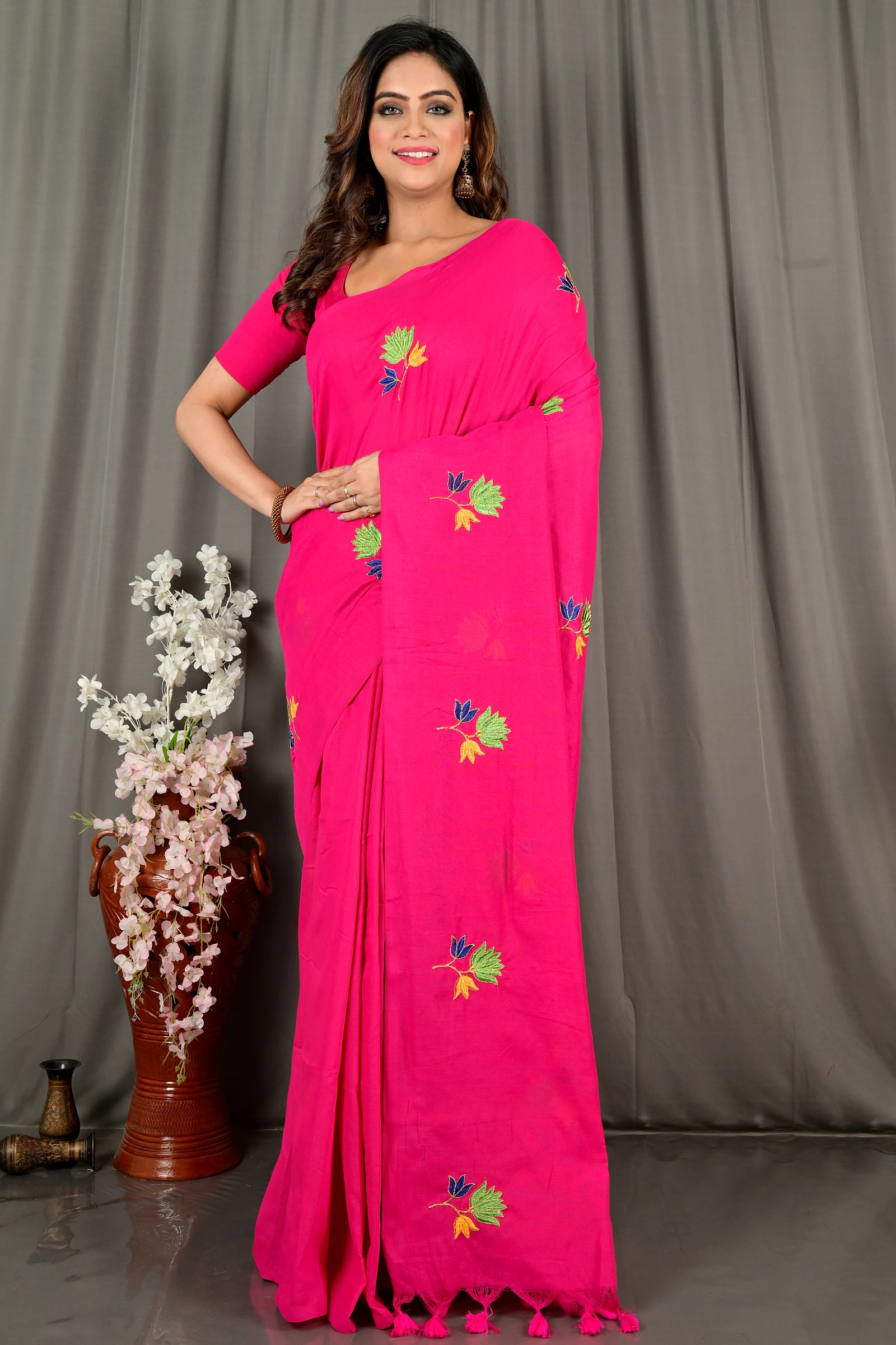 Pink Pure Cotton Umkor Than Embroidery Handloom saree (2090)