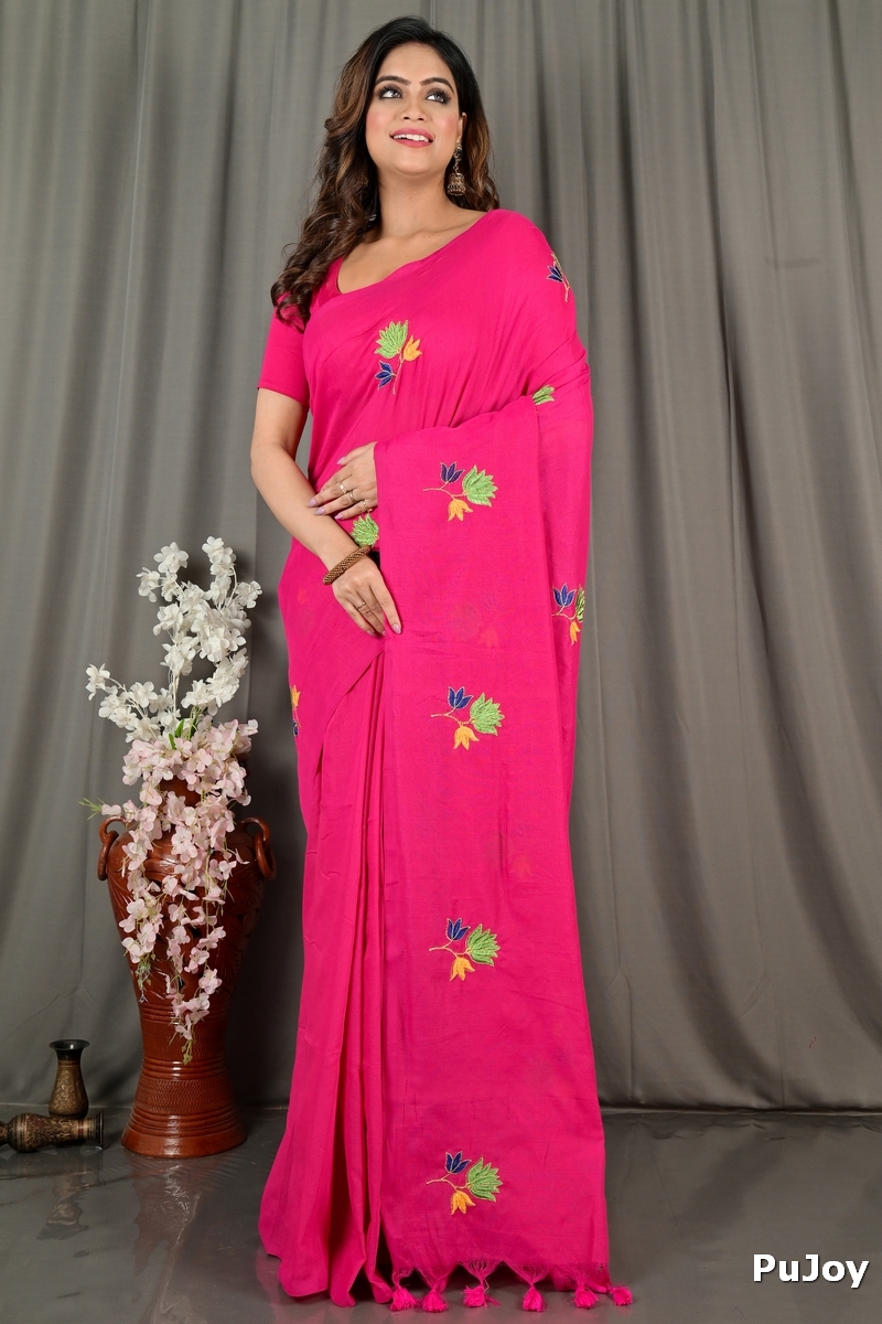 Pink Pure Cotton Umkor Than Embroidery Handloom saree (2090)