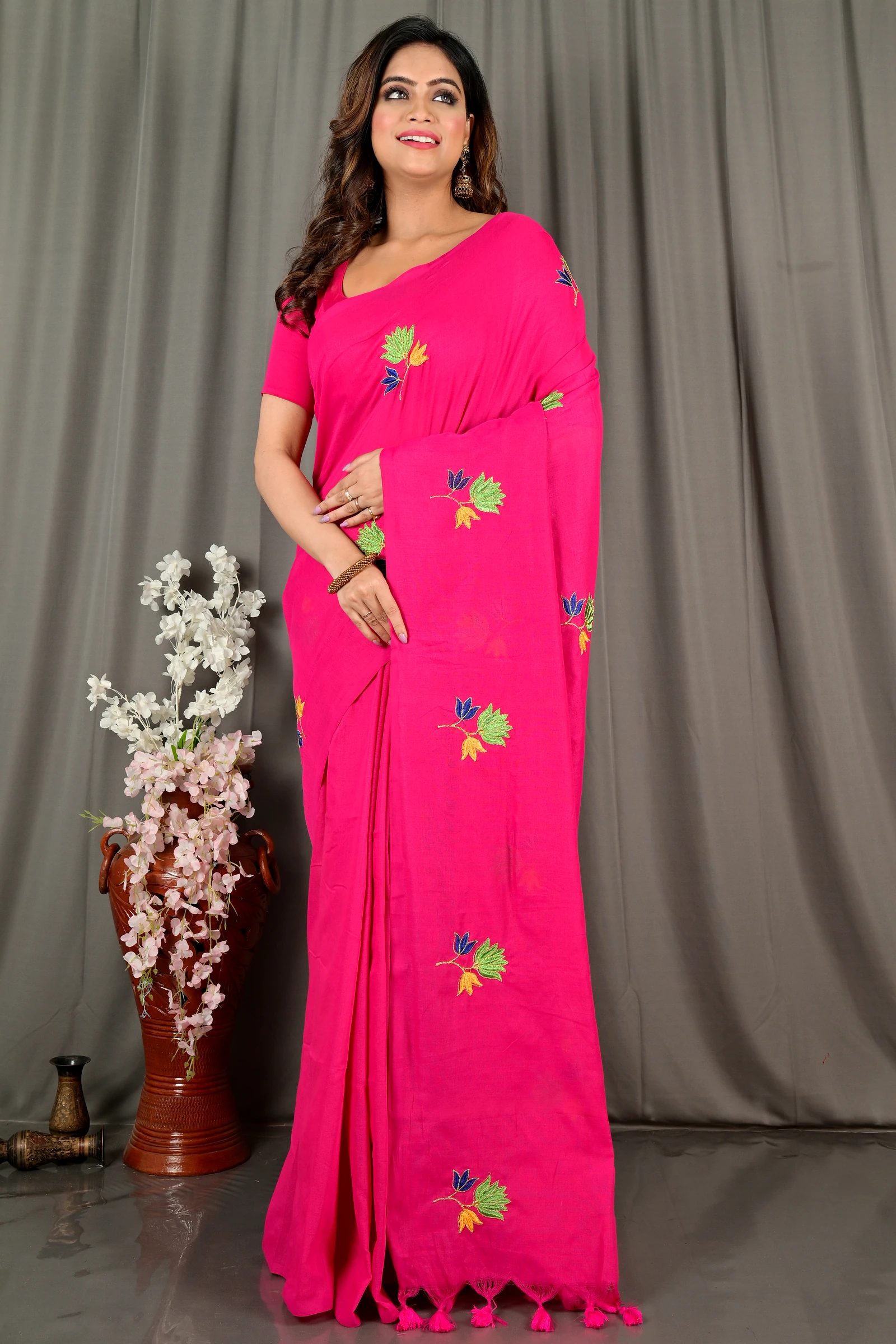 Pink Pure Cotton Umkor Than Embroidery Handloom saree (2090)