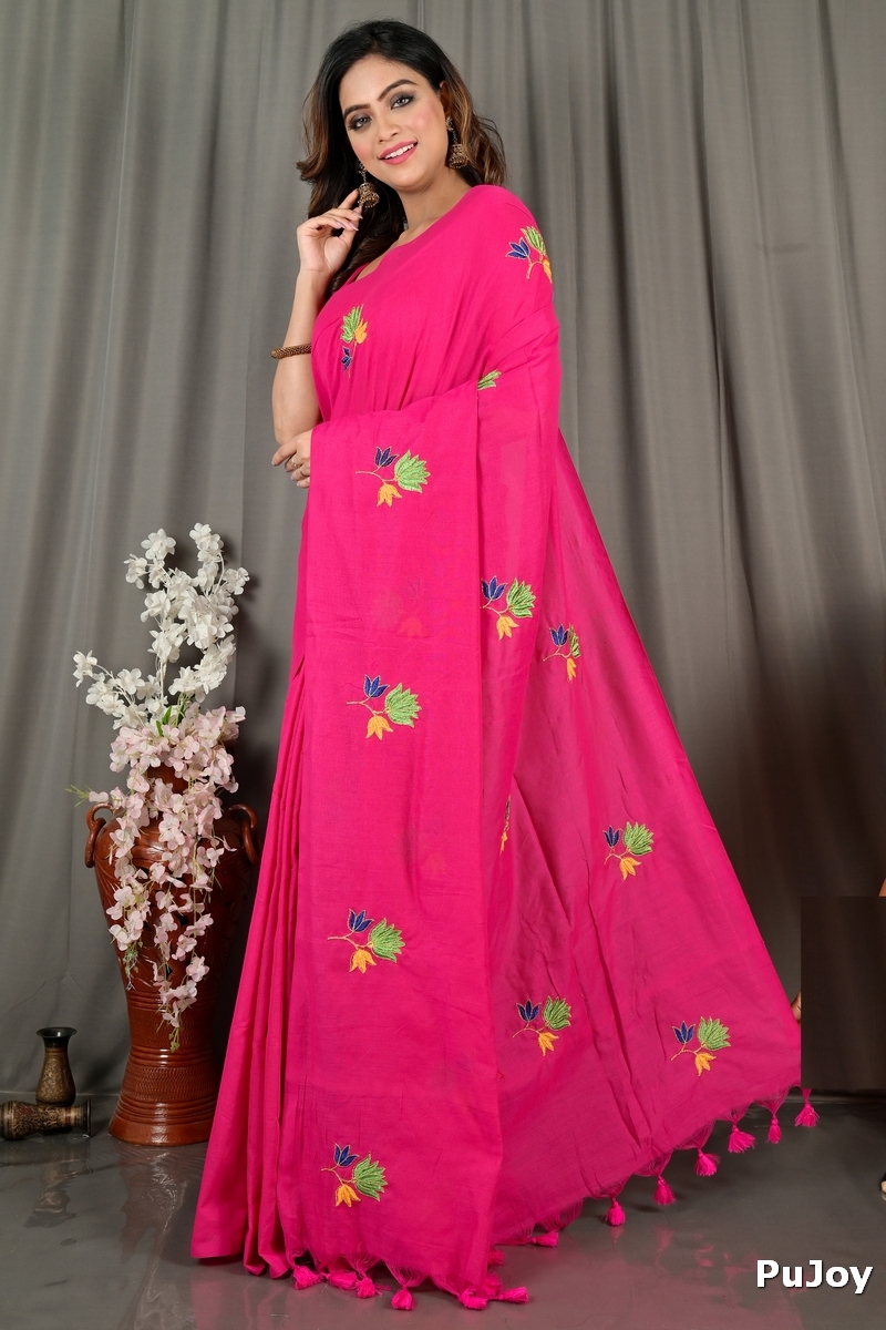 Pink Pure Cotton Umkor Than Embroidery Handloom saree (2090)