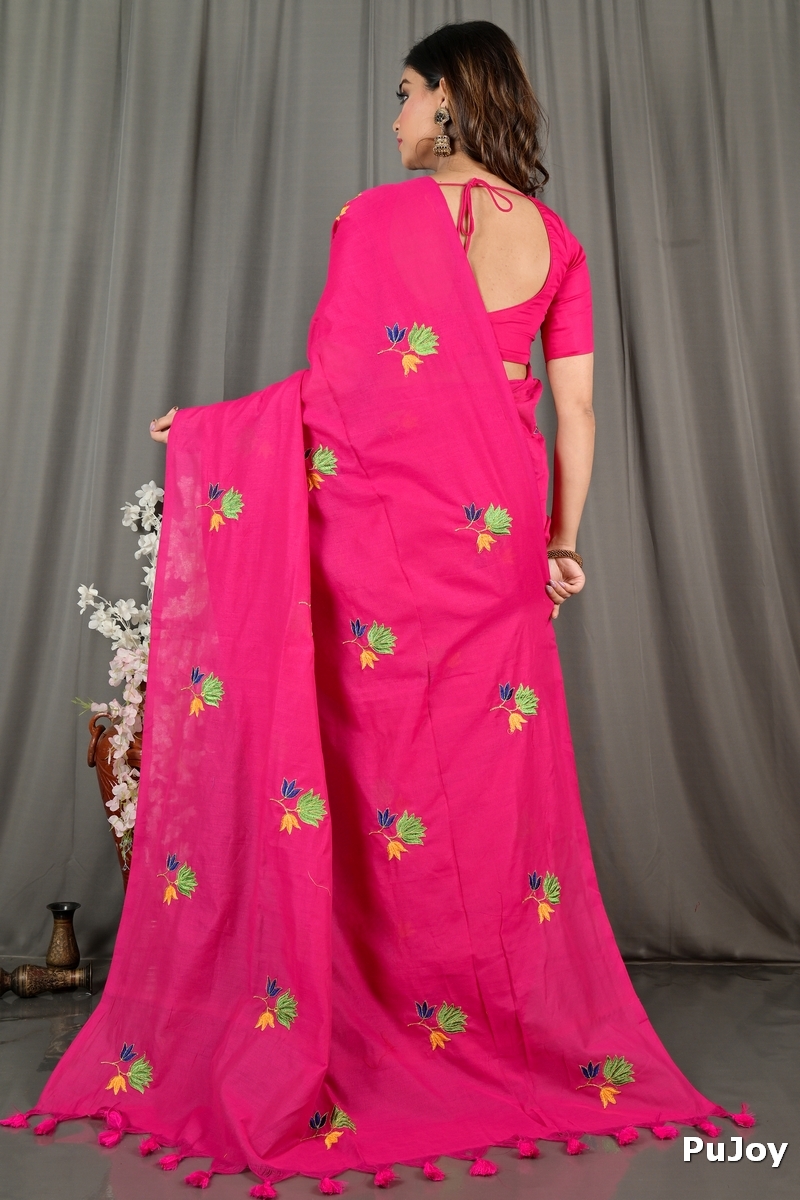Pink Pure Cotton Umkor Than Embroidery Handloom saree (2090)