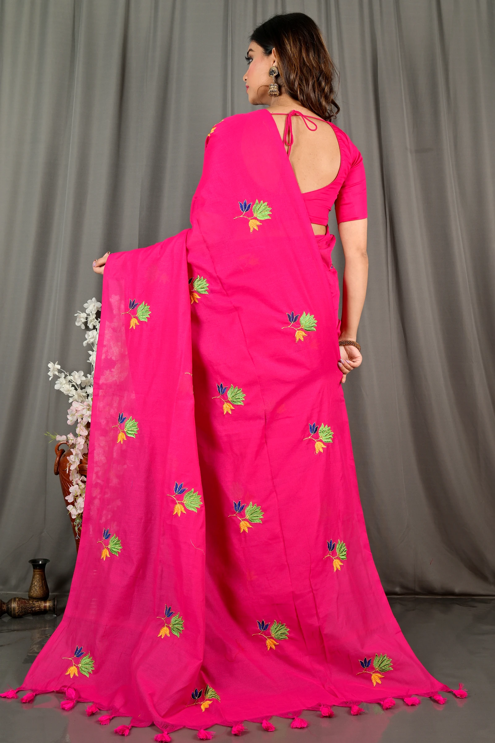 Pink Pure Cotton Umkor Than Embroidery Handloom saree (2090)