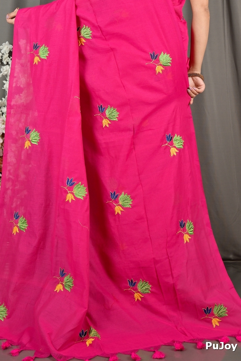Pink Pure Cotton Umkor Than Embroidery Handloom saree (2090)