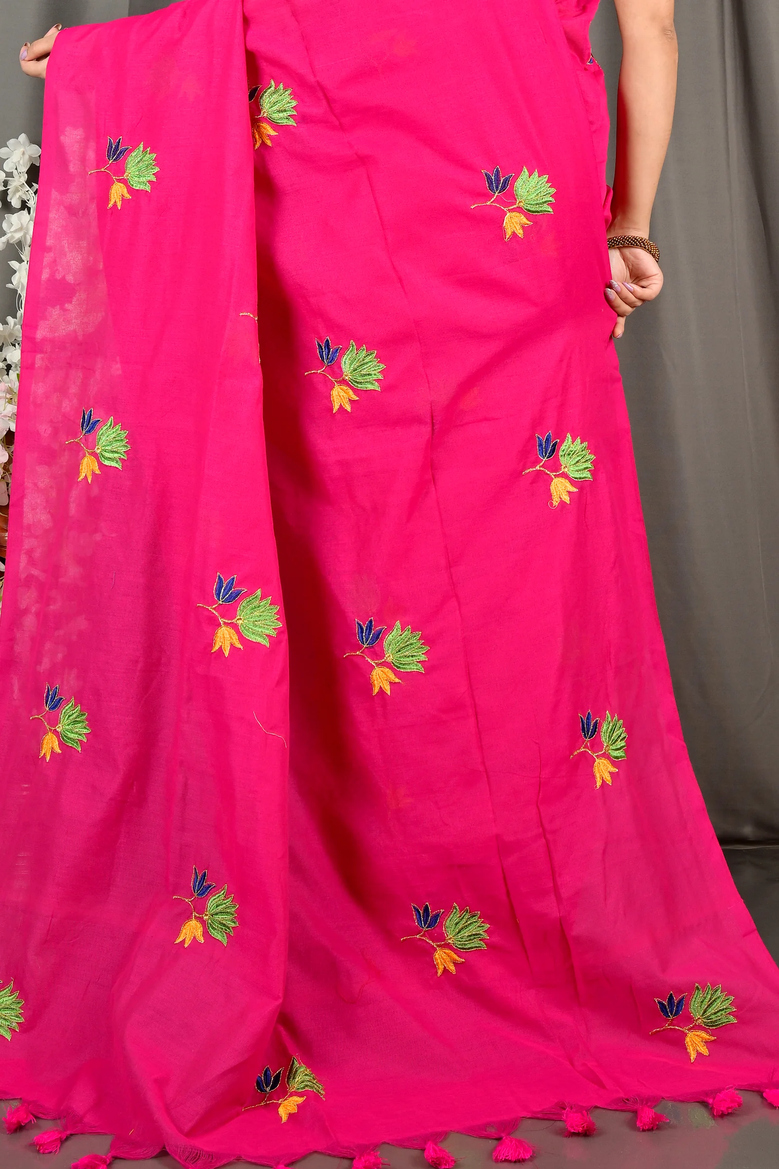 Pink Pure Cotton Umkor Than Embroidery Handloom saree (2090)