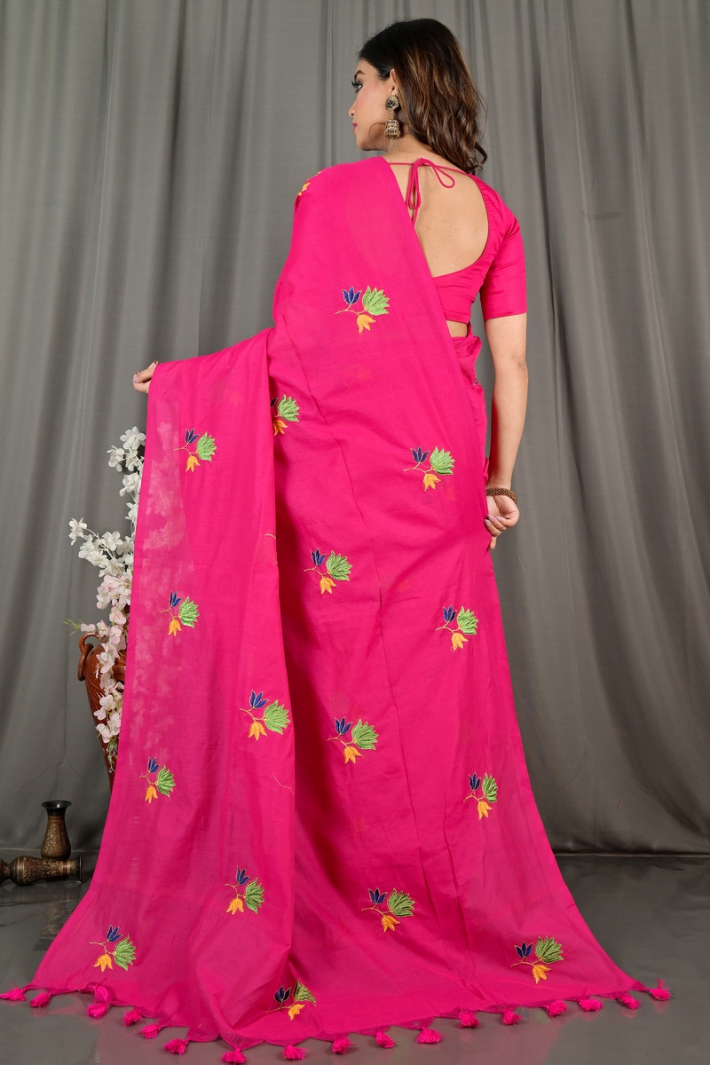 Pink Pure Cotton Umkor Than Embroidery Handloom saree (2090)