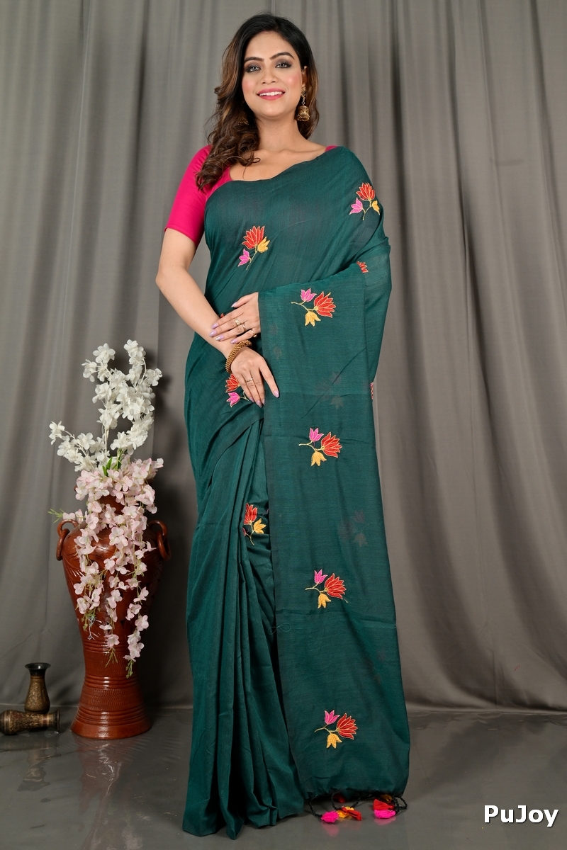 Dark Green Pure Cotton Umkor Than Embroidery Handloom saree (2091)